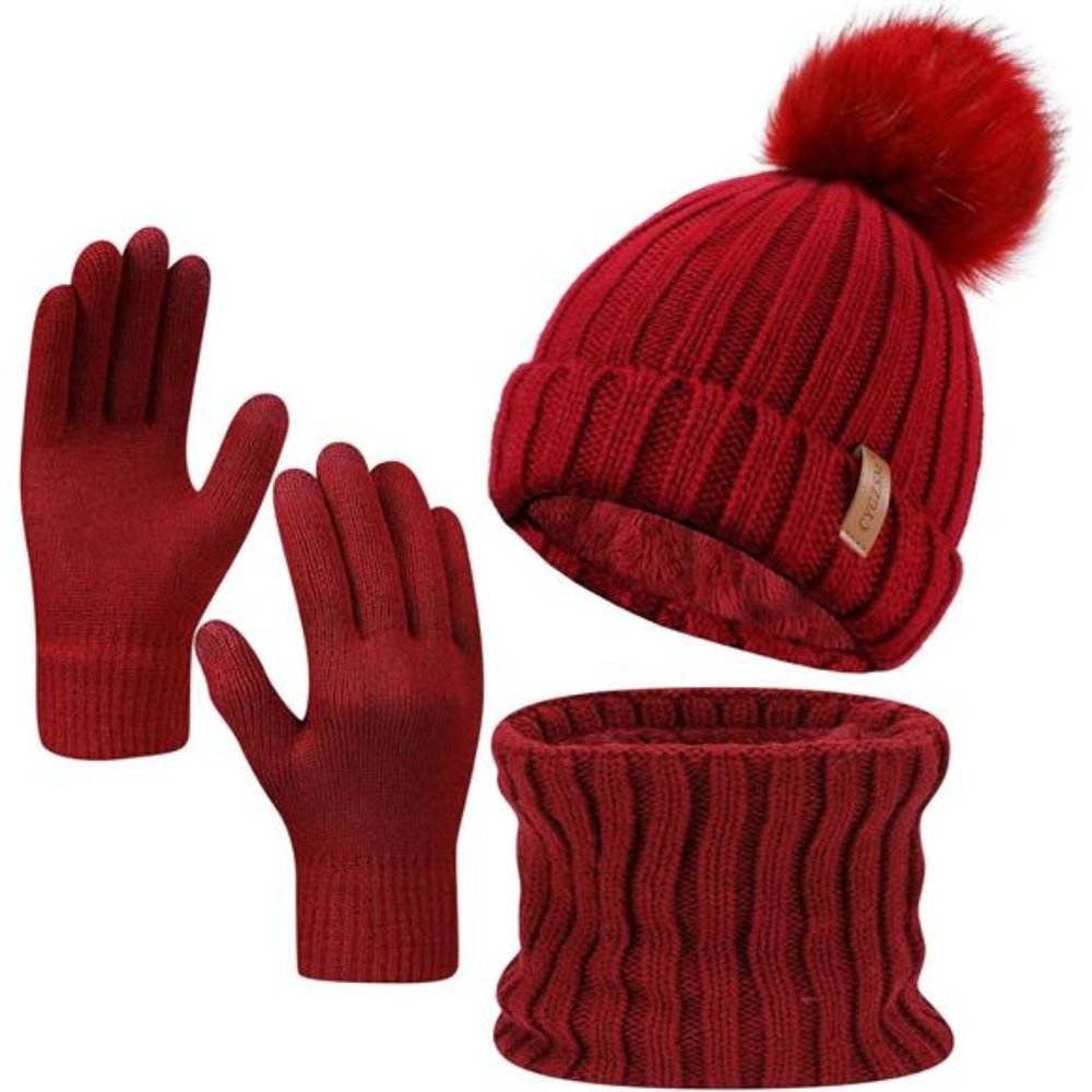 Women Winter Hat Scarf Gloves 3 in 1, Fleece Lined Thick Warm Beanie Hats